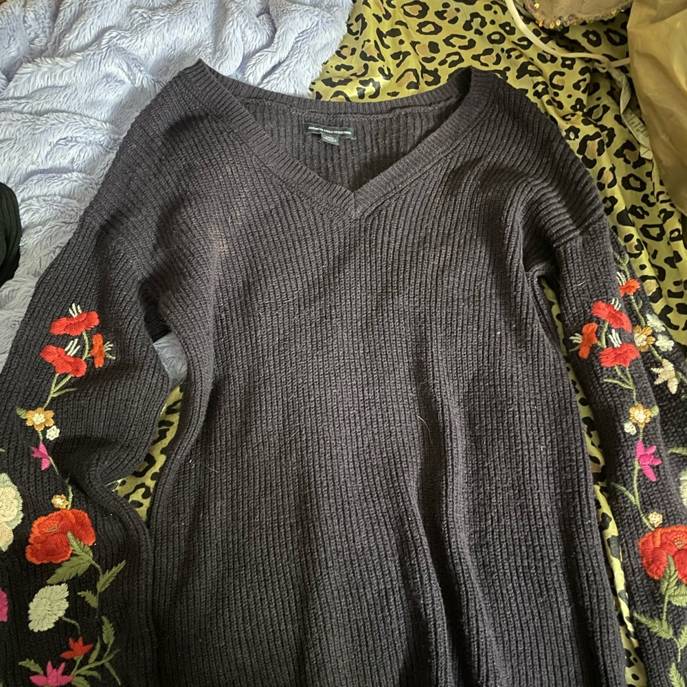 Embroidered-Sleeve V-Neck Sweater Dress - Charcoal